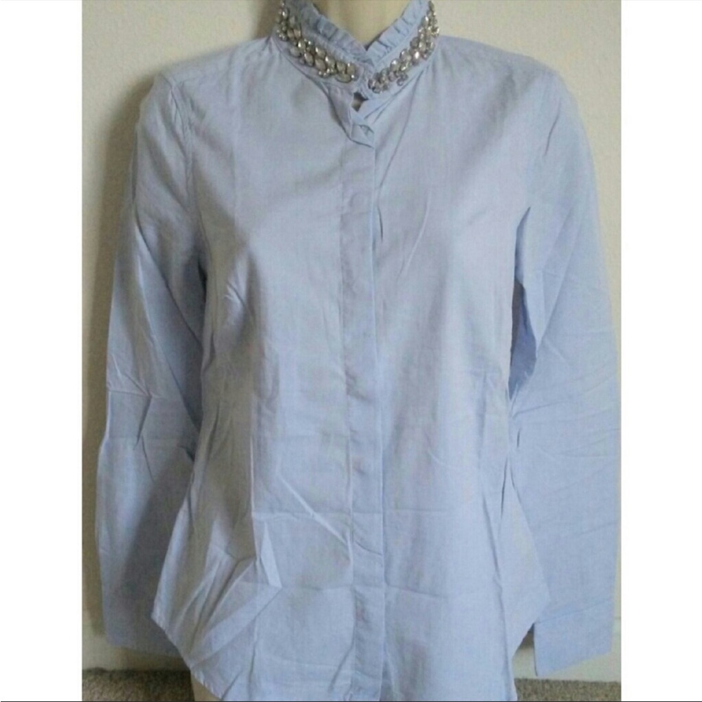 Blue Rhinestone Long Sleeve Button Down Shirt Size 4